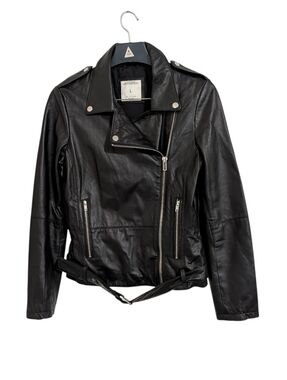 Zara Black Faux Leather Jacket Moto Jacket Silver Accents Women's L
